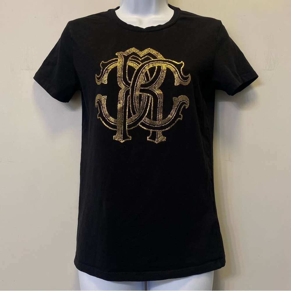 Authentic Roberto Cavalli Black Gold Foil RC Logo Tee L Hologram Tag FST678 - Picture 2 of 10